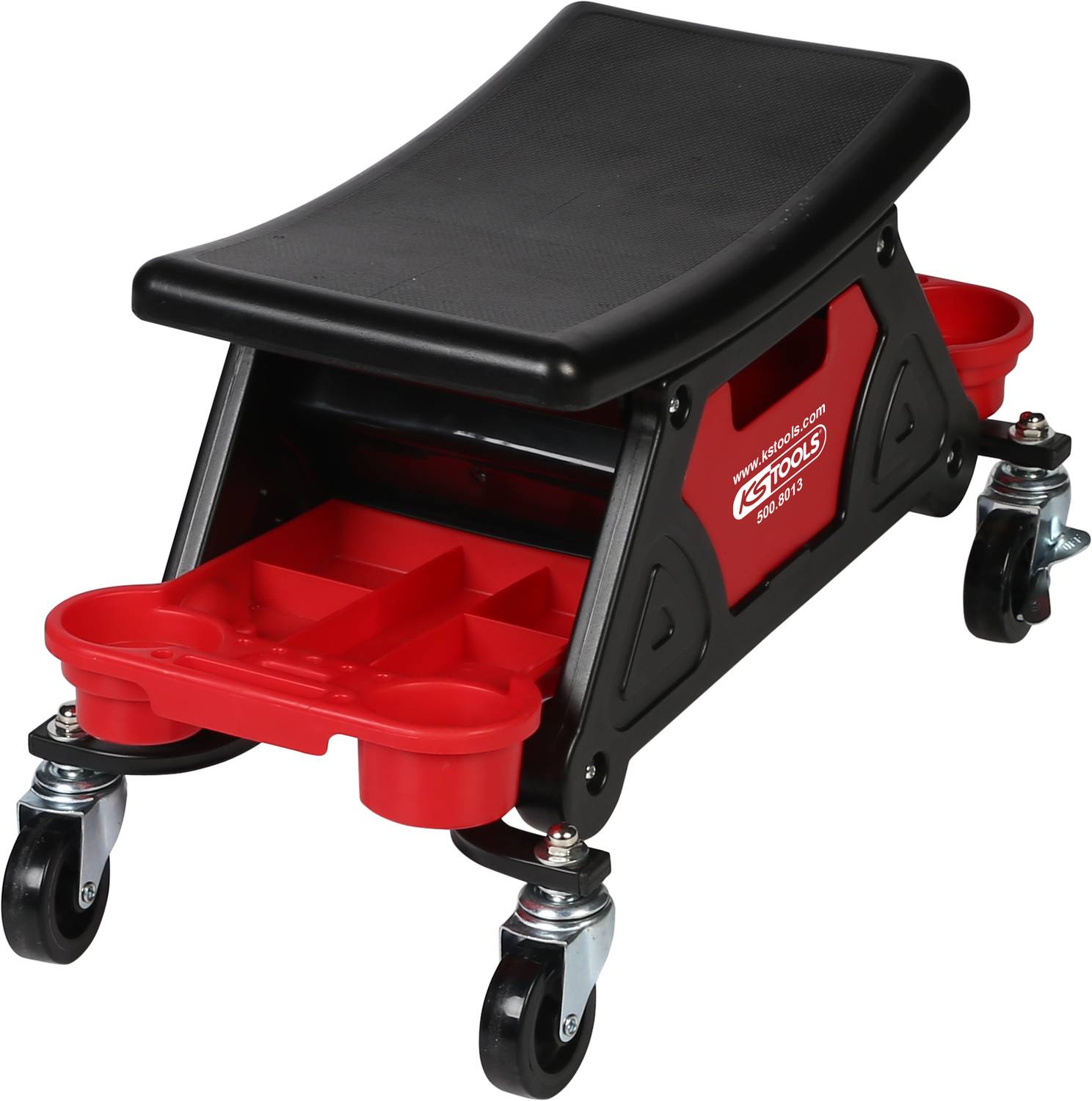 Werkstatthocker mit Rollen, schwarzem gepolstertem Sitz und roten Ablagefächern für Werkzeuge. Geeignet für den Einsatz in der Autowerkstatt.