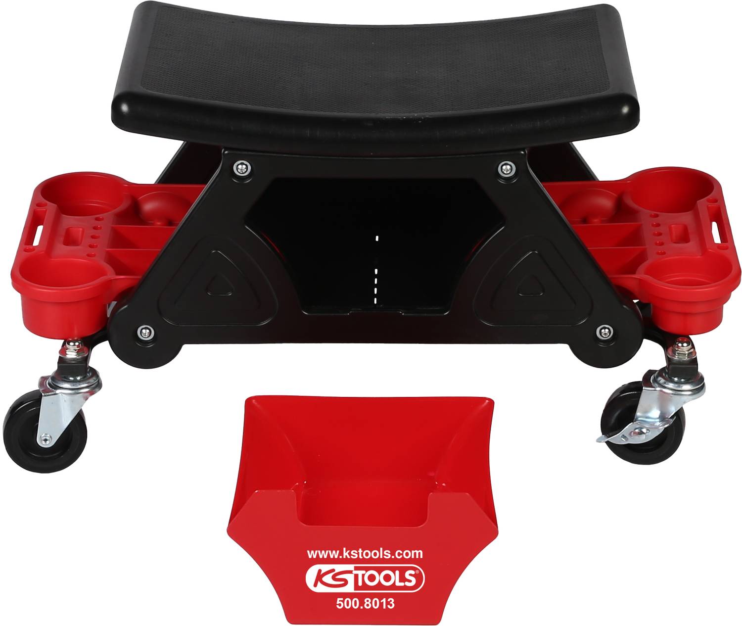 Ein schwarzer Rollhocker mit Ablageflächen und Werkzeughaltern, vorgesehen für Werkstattarbeit, auf Rollen für einfache Bewegung.