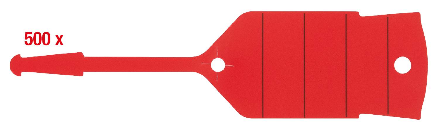 Rote Kunststoff-Plombe mit langer Lasche, fünf Einrastpunkten und Loch am Ende. Links steht '500 x' in roter Schrift.