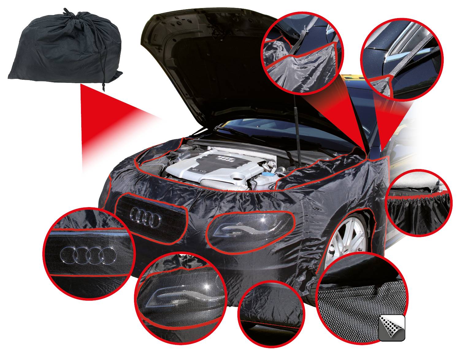 Auto mit offener Motorhaube, bedeckt mit einer schwarzen Schutzfolie. Vergrößerte Detailansichten zeigen das Material und Muster.