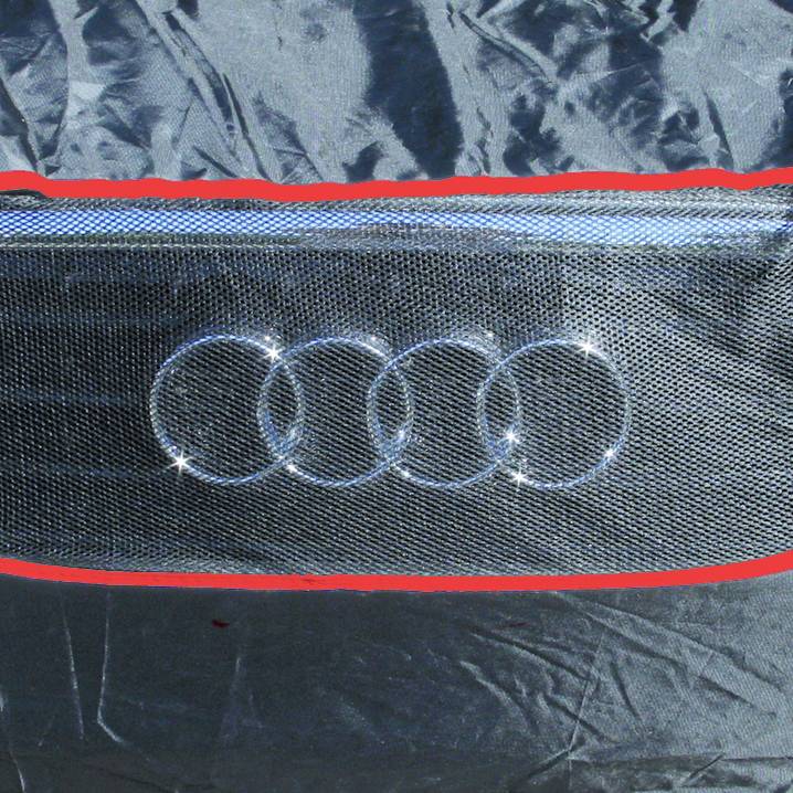 Ein metallisches Gitter mit einem Emblem aus vier ineinandergreifenden Ringen, das an der Vorderseite eines Fahrzeugs angebracht ist.