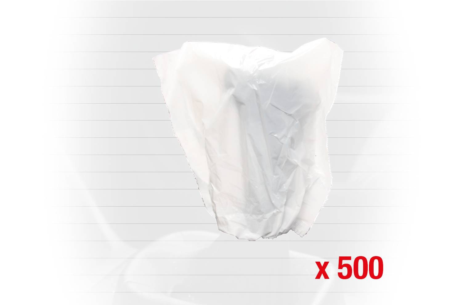 Ein weißes Plastikobjekt vor einem hellen Hintergrund. Rechts unten steht 'x 500' in roter Schrift, was auf die Menge hinweist.