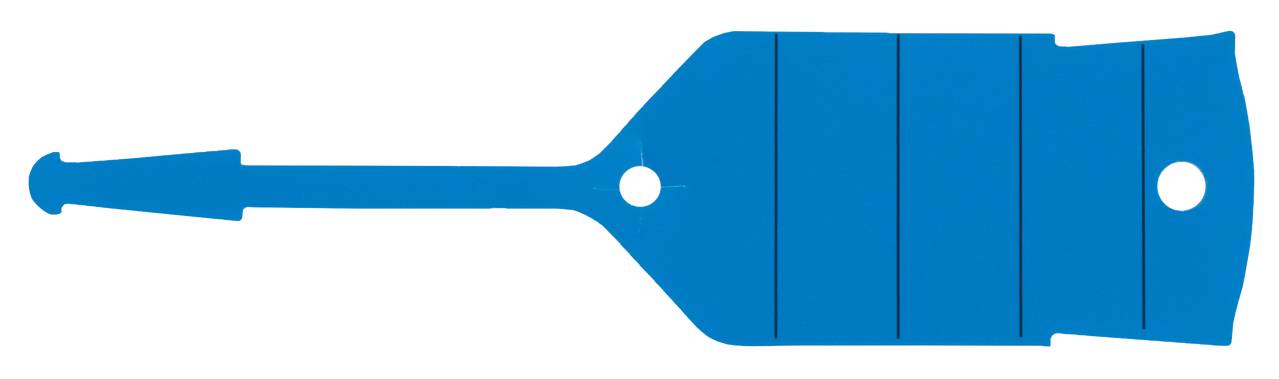 Blaues Kunststoffetikett mit zwei Löchern, zum Anbringen an Gegenständen.