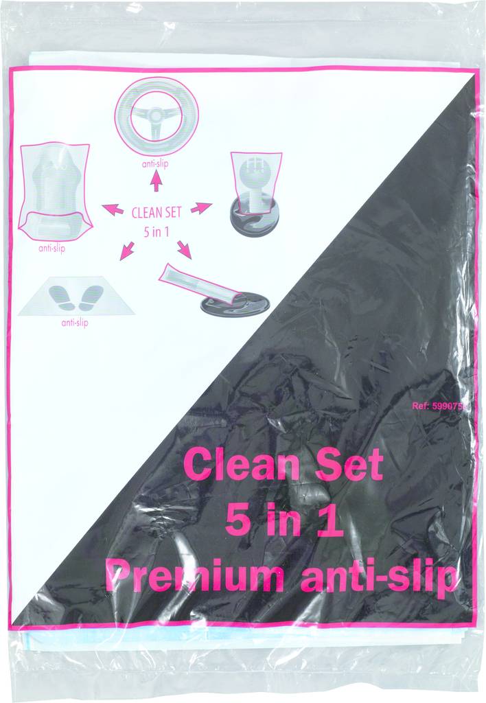 Eine Verpackung mit der Aufschrift 'Clean Set 5 in 1 Premium anti-slip. Enthält Diagramme mit Symbolen, die die Produkteigenschaften zeigen.