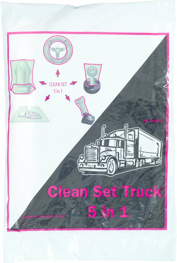 Plastiktüte mit Aufdruck eines Lastwagens und der Aufschrift 'Clean Set Truck 5 in 1'. Abbildungen zeigen verschiedene Reinigungswerkzeuge.