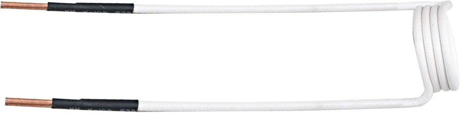 Weiße, spiralförmige Heizwendel mit freiliegenden Kupferdrähten an beiden Enden. Dient zur Induktionserwärmung.