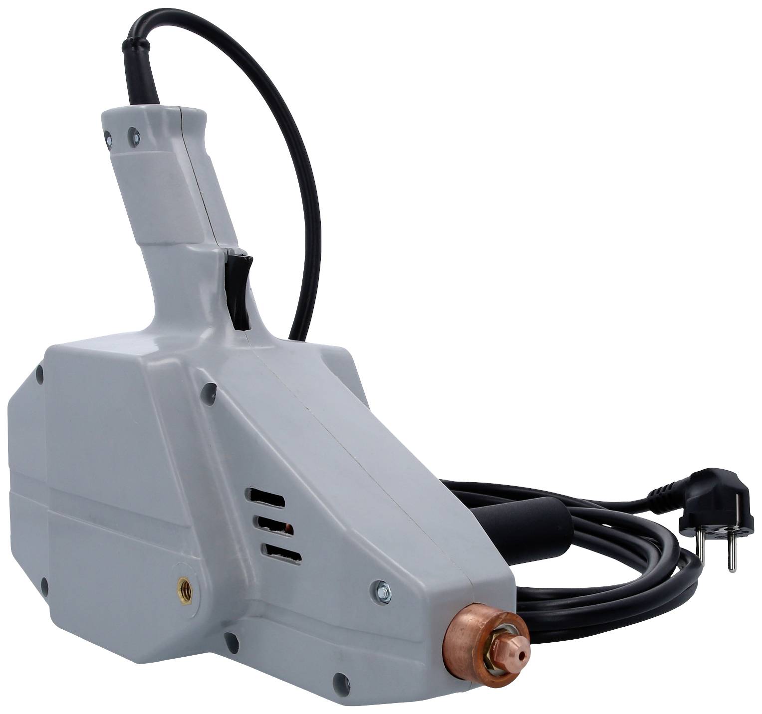 Grauer Elektromotor, verkabelt mit schwarzem Stromkabel und Stecker, hauptsächlich für industrielle Anwendungen.