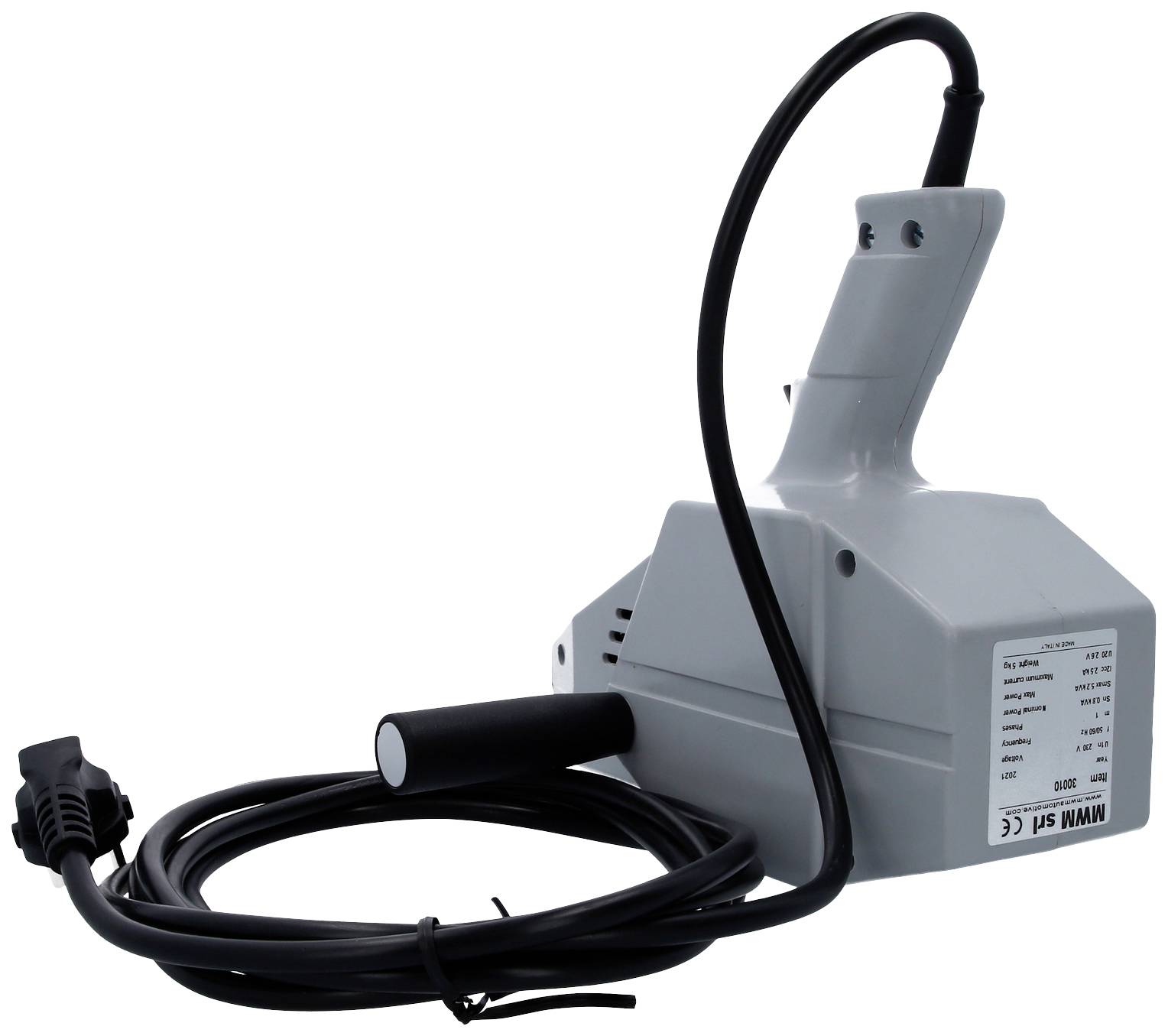 Elektrisches Werkzeug mit grauem Gehäuse und schwarzem Netzkabel, geeignet für handwerkliche Arbeiten oder Reparaturen.