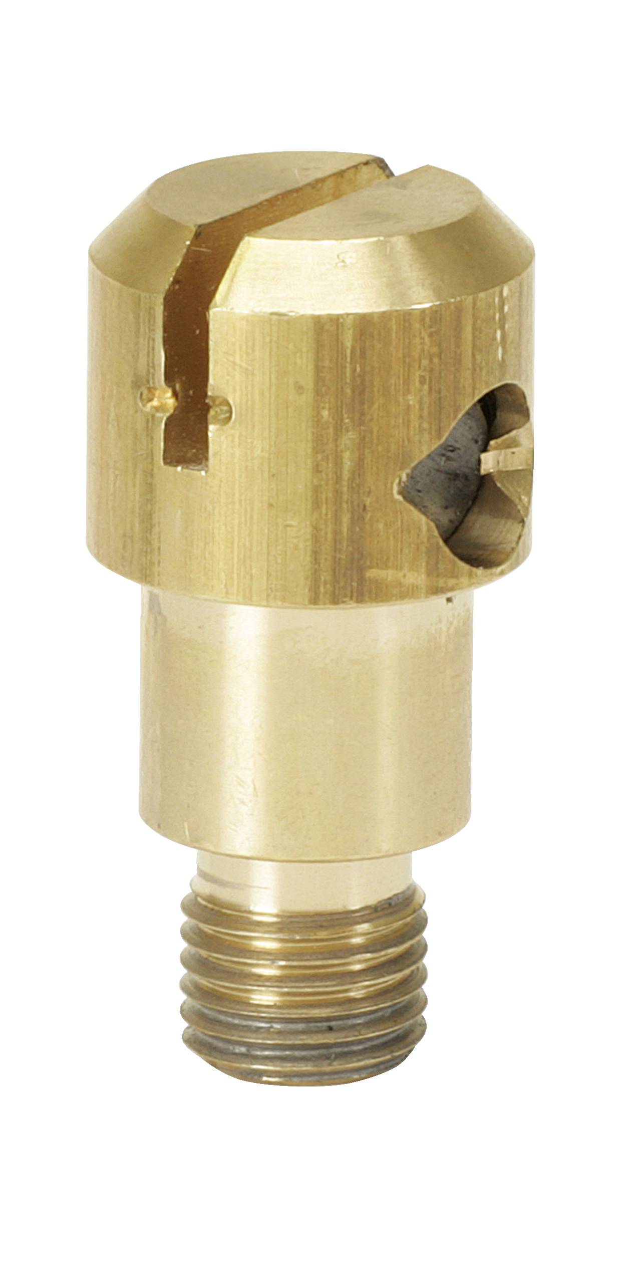 Ein goldener Messing-Gegenstand mit einem geriffelten Schraubengewinde unten und einer abgeschrägten, geschlitzten Spitze oben.