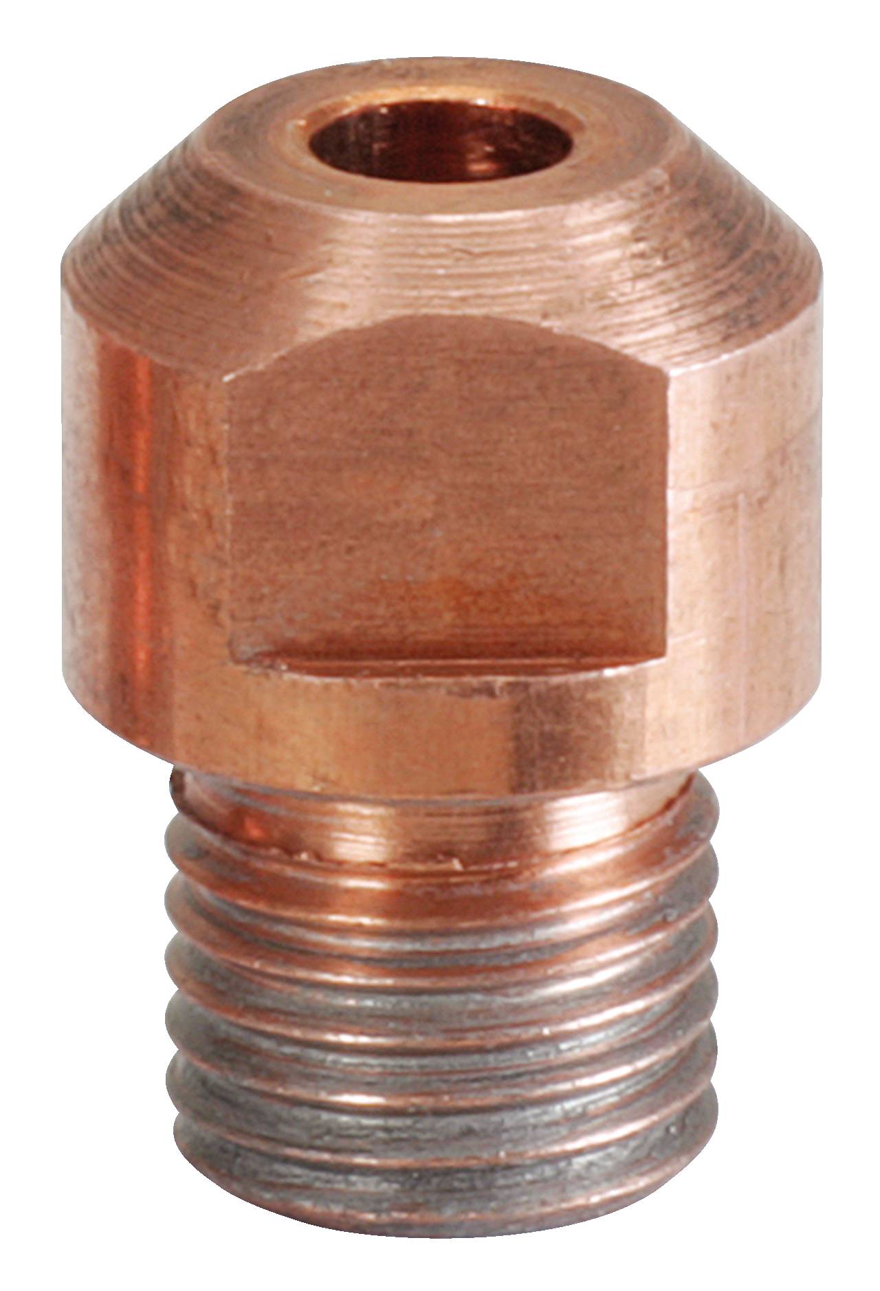 Ein einzelnes kupfernes Gewindebauteil, vermutlich eine Düse oder Adapter, mit zylindrischer Form und eingelassenem Loch oben.
