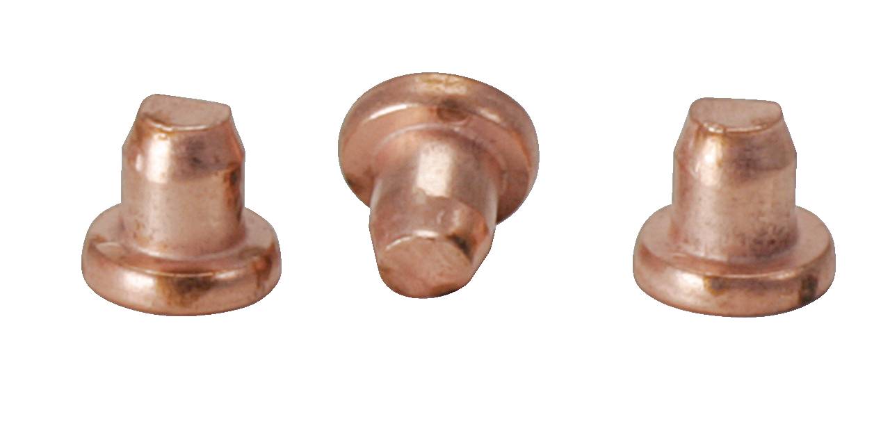 Kupferfarbene Metallstifte mit Flansch, in einer Reihe nebeneinander platziert, zeigen unterschiedliche Perspektiven.