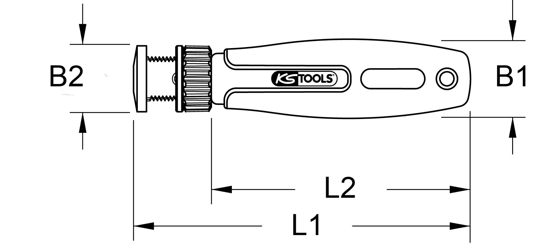 Das Bild zeigt ein Diagramm eines KS TOOLS Werkzeugs. Es sind Maße B1, B2, L1 und L2 gekennzeichnet, die auf die Werkzeugteile hinweisen.