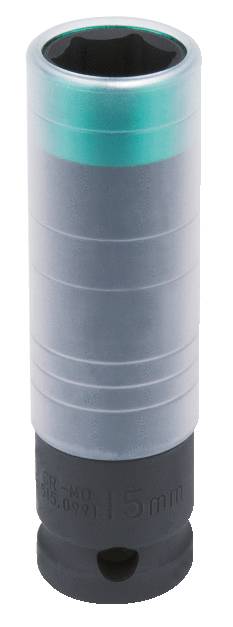 Abbildung eines 15 mm Steckschlüssels in zylindrischer Form, mit grünem Streifen oben. Verwendet zur Drehmomenteinstellung bei Radmuttern.