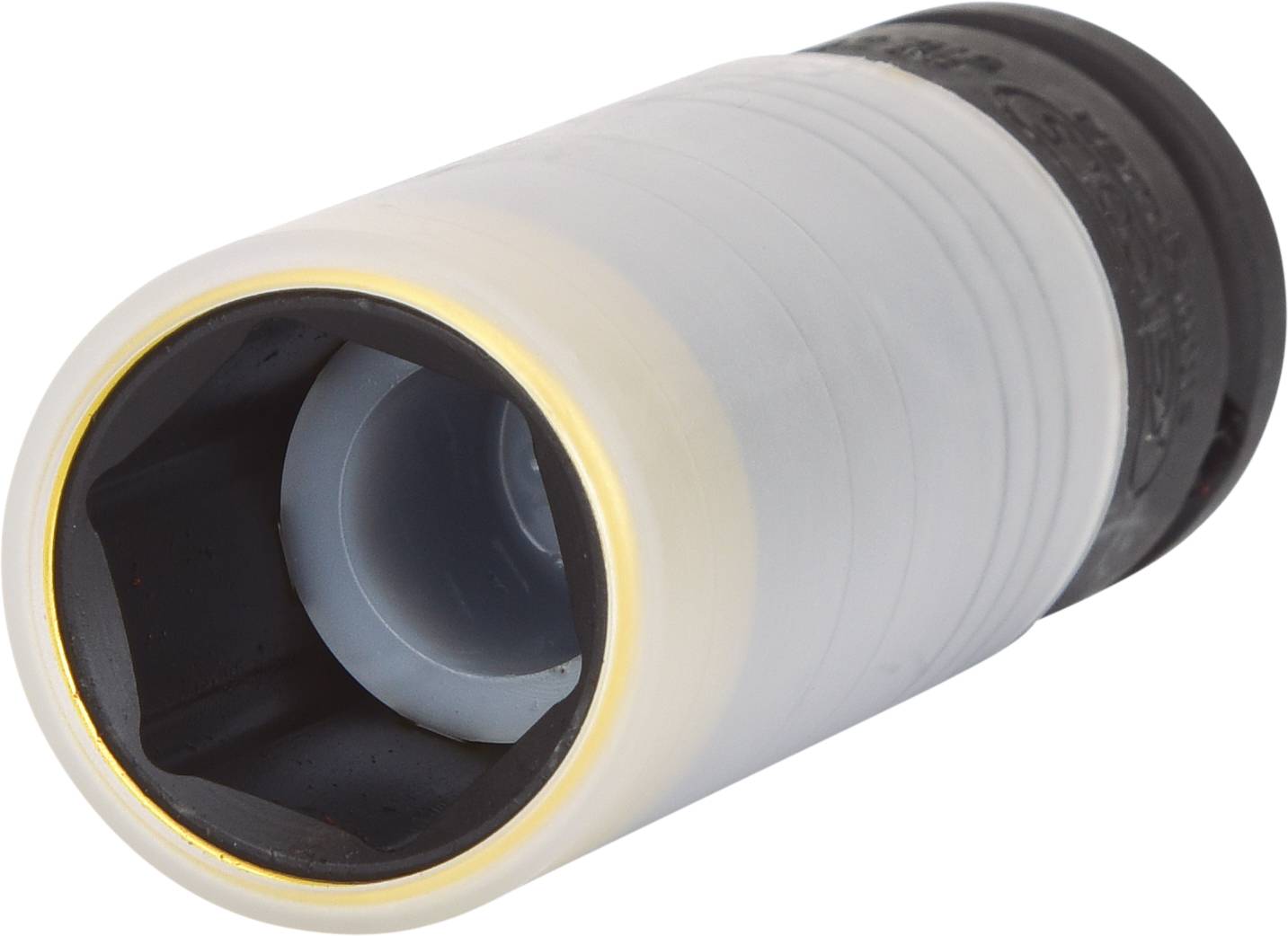 Zylindrisches Werkzeug mit Kunststoffummantelung und sechseckiger Öffnung, möglicherweise ein Steckschlüsselaufsatz.