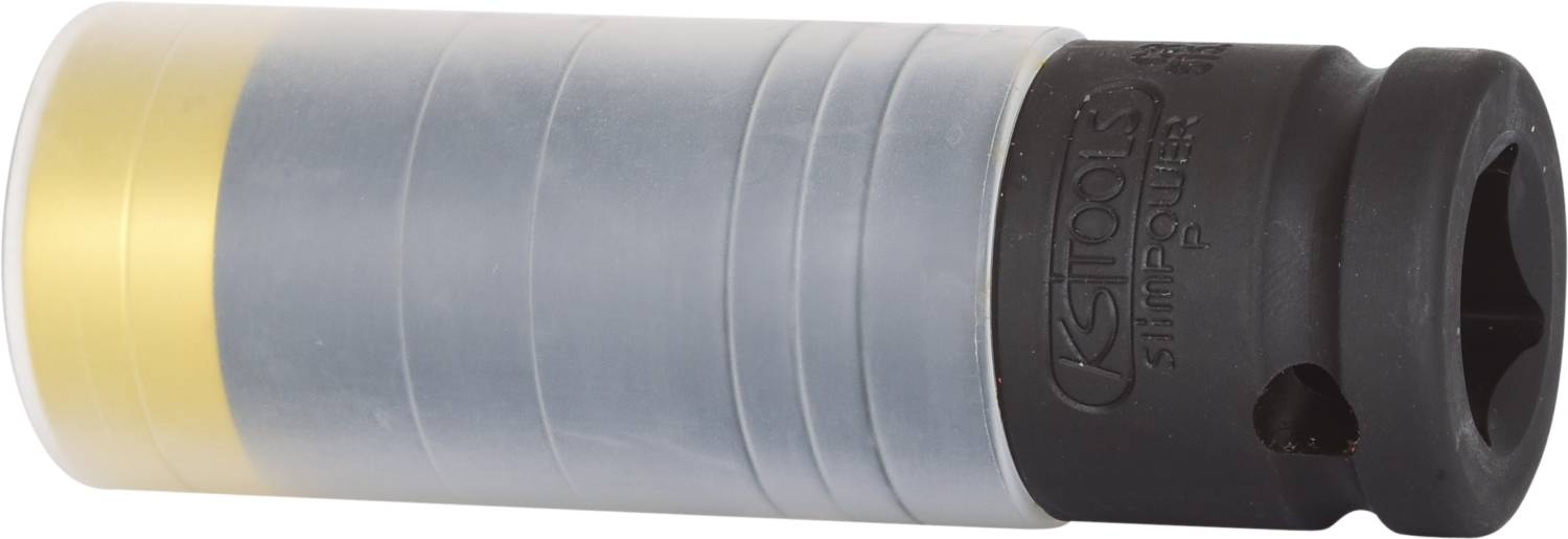 Zylindrisches Werkzeug mit schwarzem und grauem Gehäuse, gelbem Streifen am Ende. Möglicherweise ein Steckschlüsselaufsatz.