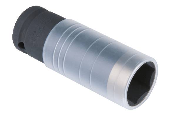 'Stecknuss' mit geriffeltem, zylindrischem Metallkörper und sechskantiger Öffnung am Ende. Geeignet für das Befestigen von Schrauben und Muttern.