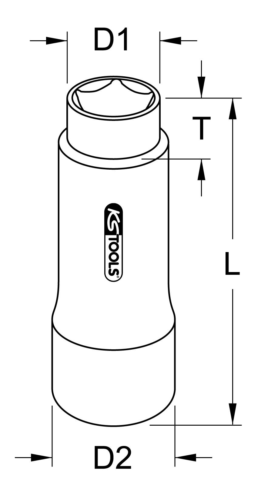 Technische Zeichnung eines zylindrischen Werkzeugs. Beschriftet: D1, D2, T, L. KS Tools-Logo zentriert.