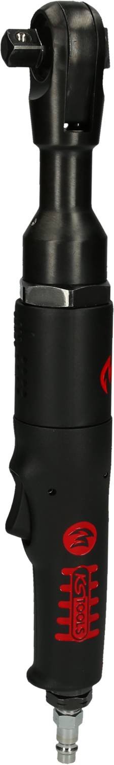 Druckluft-Ratschenschrauber in Schwarz mit rotem Logo. Langes, schlankes Design mit ergonomischem Griff und oberem Drehmechanismus.