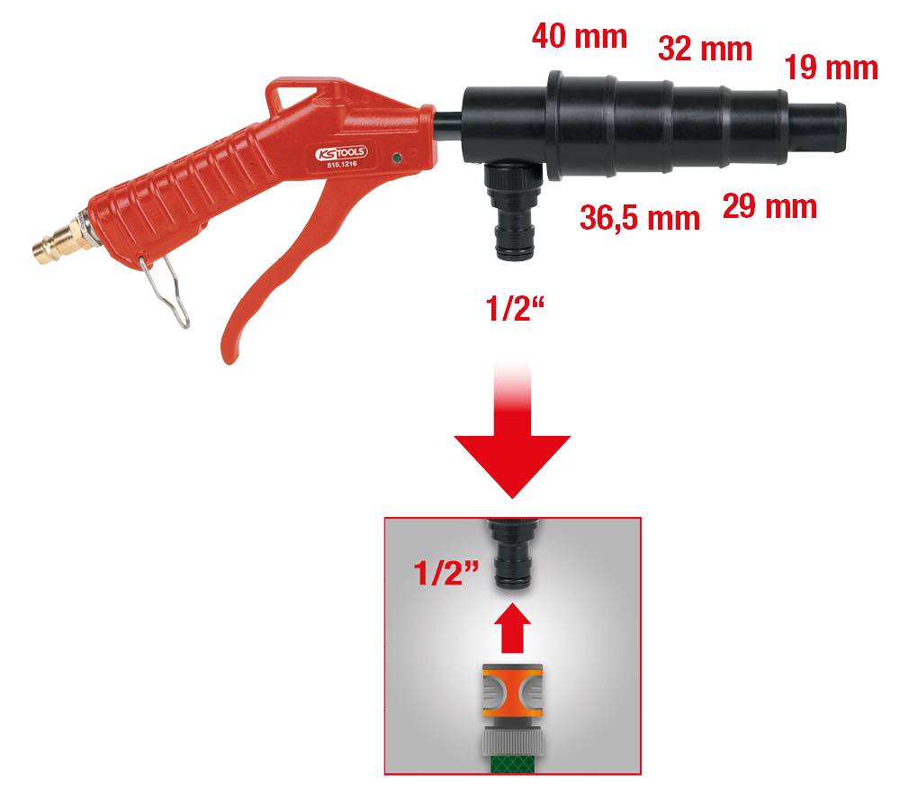 Rote Gartenschlauchdüse mit abnehmbaren Verbindern in verschiedenen Durchmessern: 40 mm, 32 mm, 29 mm, 19 mm, 36,5 mm, 1/2 Zoll.