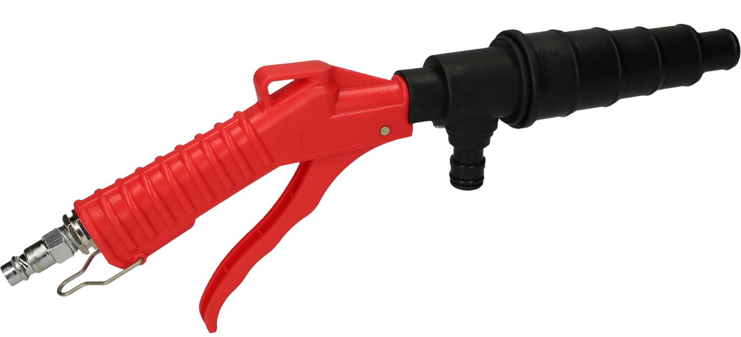 Rote Druckluftpistole mit schwarzem Gummirohr und Metallanschluss. Werkzeug für industrielle Reinigungsanwendungen.