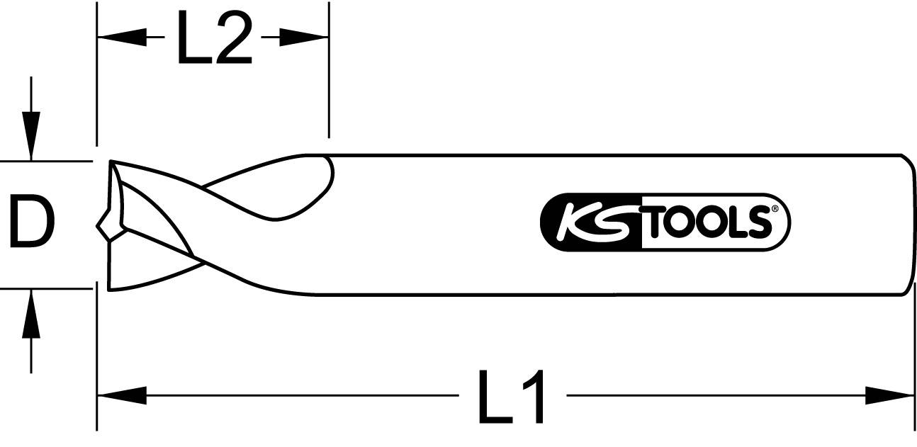Abbildung eines Werkzeugs von KS Tools, zeigt Maße L1, L2 und D an, mit einem Schneidkopf auf der linken Seite.