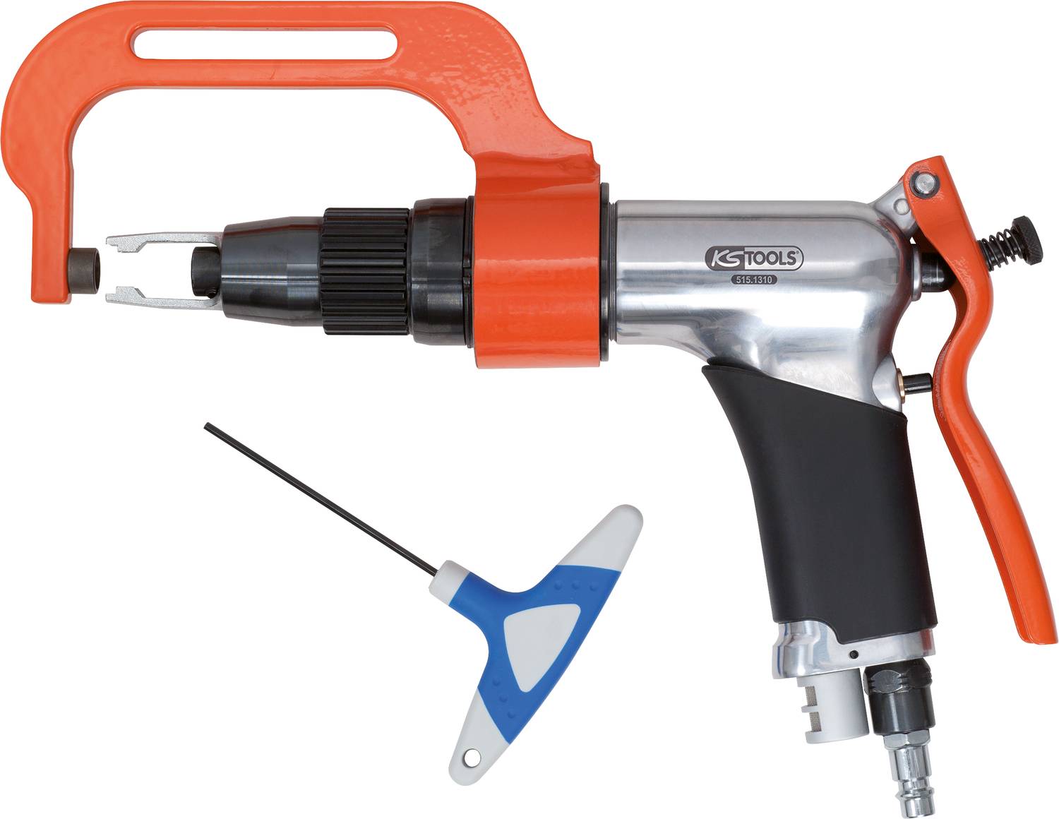 Druckluft-Nieter mit rotem Griff und schwarzem Abzug, daneben ein blauer Inbusschlüssel. Werkzeug für Nietenarbeiten.