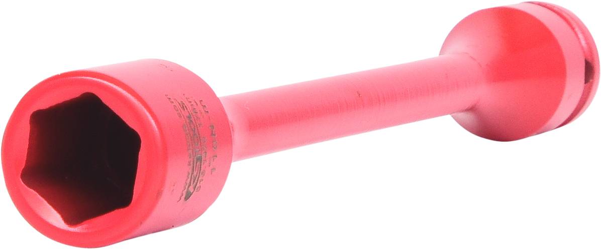 Ein roter Sechskant-Steckschlüssel mit langem Griff, schräg von der Seite fotografiert.