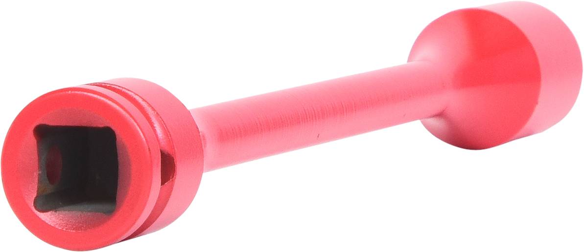 Roter Schraubenzieher-Aufsatz, länglich mit viereckigem Kopf und rundem Griff, geeignet zum Anbringen oder Entfernen von Schrauben.