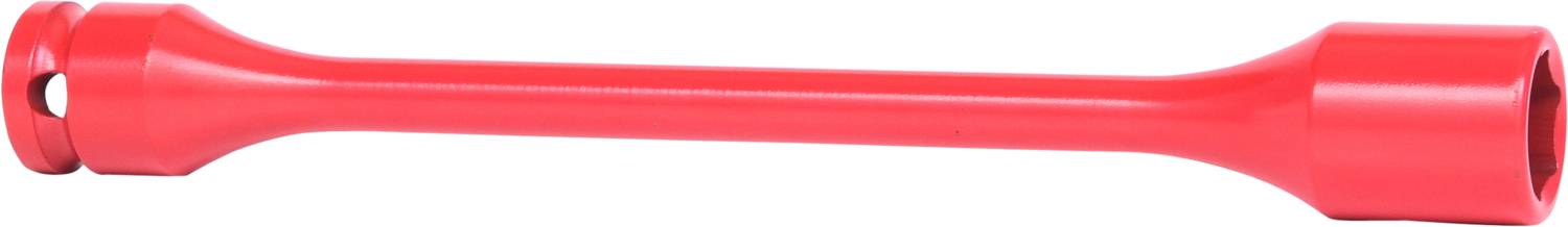 Ein roter, langer Schraubenschlüssel mit einem runden Ende und einer Öffnung am anderen Ende, vor einem weißen Hintergrund.