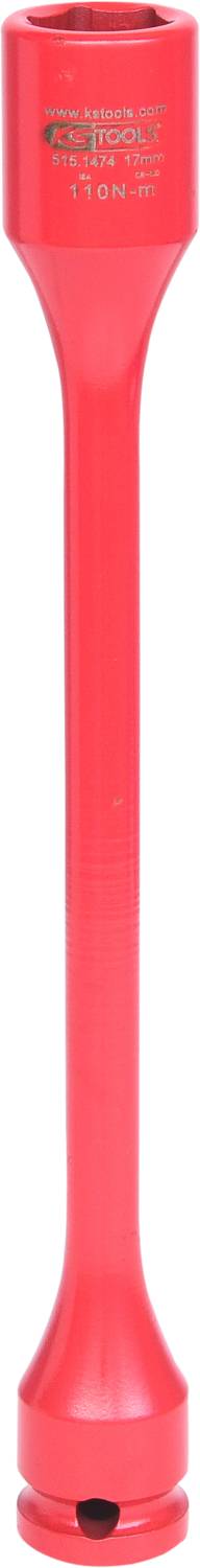 Rotes Werkzeug mit länglichem Schaft, vorne offen, zur Montage oder Demontage von Muttern und Schrauben bestimmt. Text auf dem Schaft.