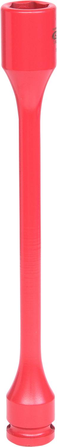 Eine rote, zylindrische Taschenlampe mit einem schmalen Griff und breitem Kopf, vertikal aufgestellt.