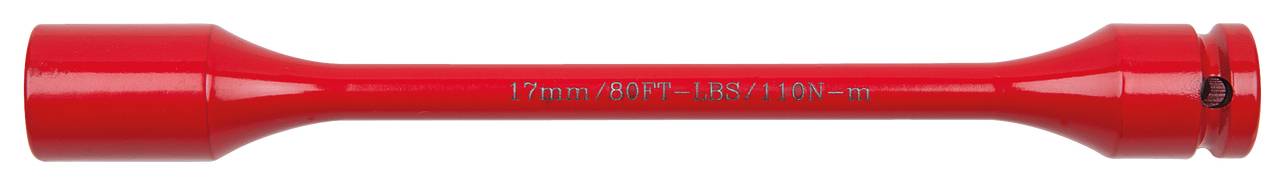 Ein rotes Werkzeug, vermutlich ein Steckschlüssel. Aufschrift: '17 mm (3/8'') - USA/110 Nm'.