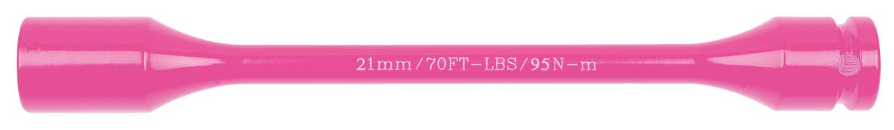 Ein pinker Schraubenschlüssel mit der Aufschrift '21 mm / 70 FT - LBS / 95 N - m', vermutlich für die Fahrzeugwartung.