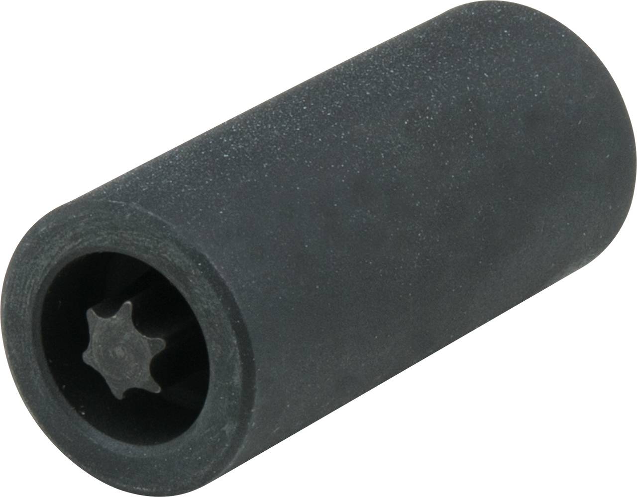 Schwarze zylindrische Rolle mit gerippter Innenstruktur. Sieht nach einem technischen Bauteil oder Ersatzteil aus.