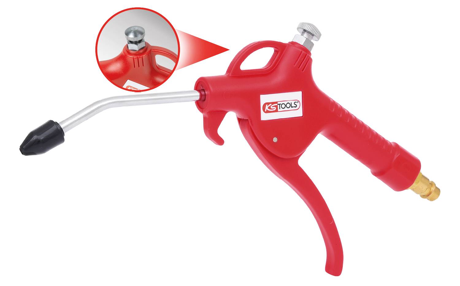 Rote Druckluftpistole von KS Tools mit ergonomischem Griff und schwarzem Düsenkopf. Vergrößerung zeigt Detail der Düse.