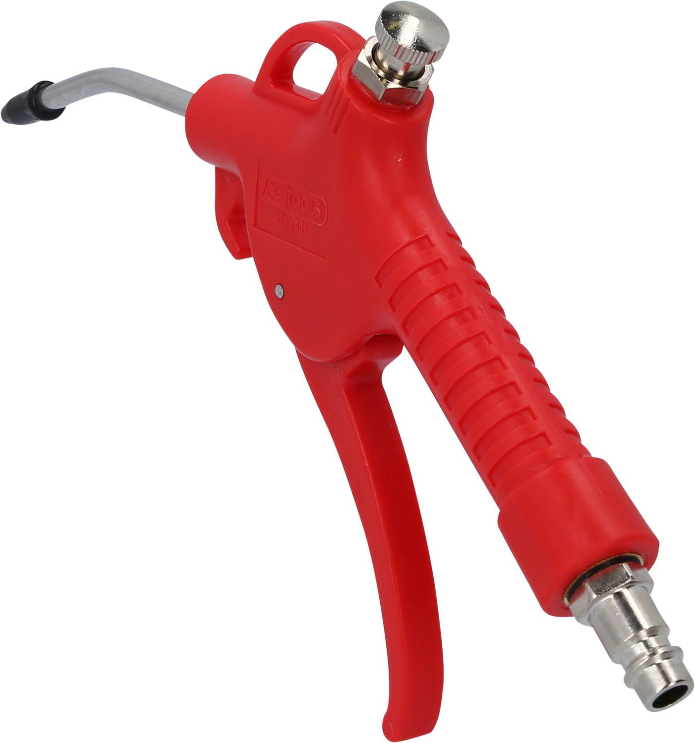 Eine rote Druckluftpistole mit ergonomischem Griff, Metallspitze und Schnellkupplung, verwendet zum Reinigen und Trocknen von Oberflächen.