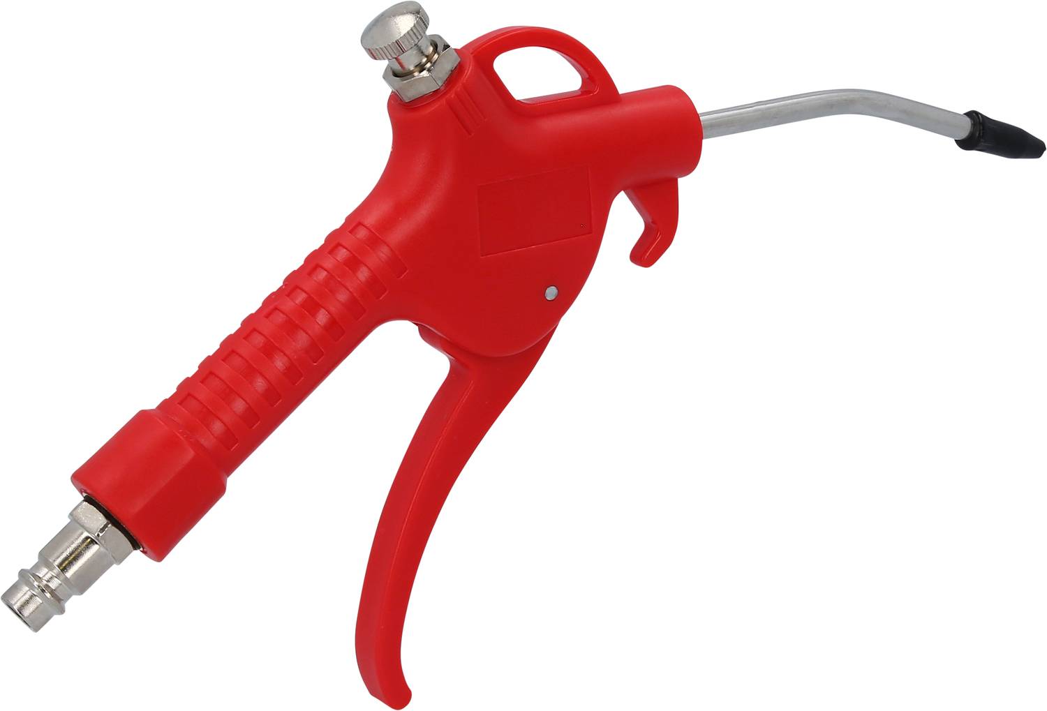 Eine rote Druckluftpistole mit ergonomischem Griff und langer Düse, verwendet zum Reinigen oder Entfernen von Staub in Werkstätten.