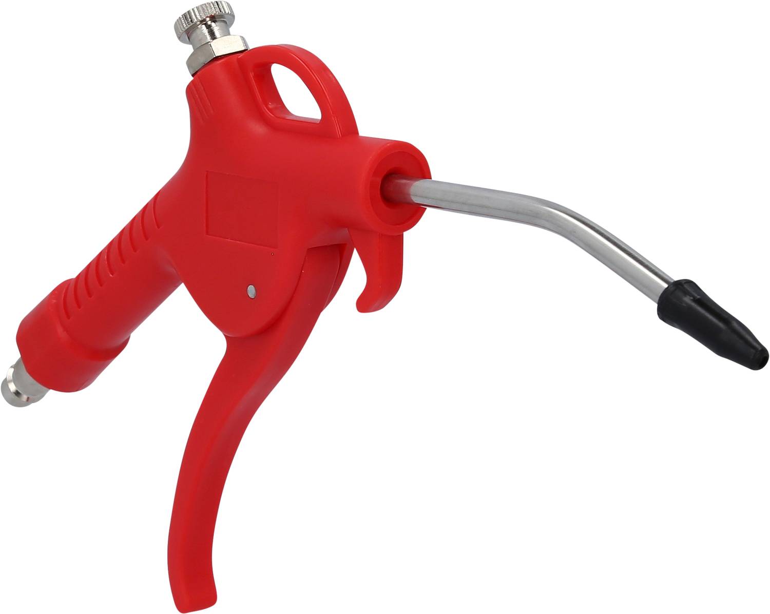 Rote Druckluftpistole mit langem Metallrohr und schwarzer Düse, verwendet zum Reinigen oder Trocknen von Oberflächen.