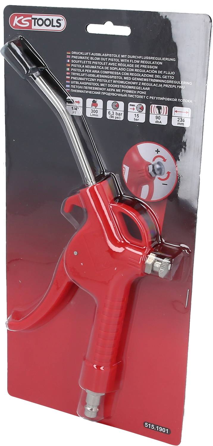 Rote Druckluft-Pistole auf schwarzem Hintergrund, verpackt. Text erklärt Anwendung und Eigenschaften, darunter ein Symbol zur Druckregelung.