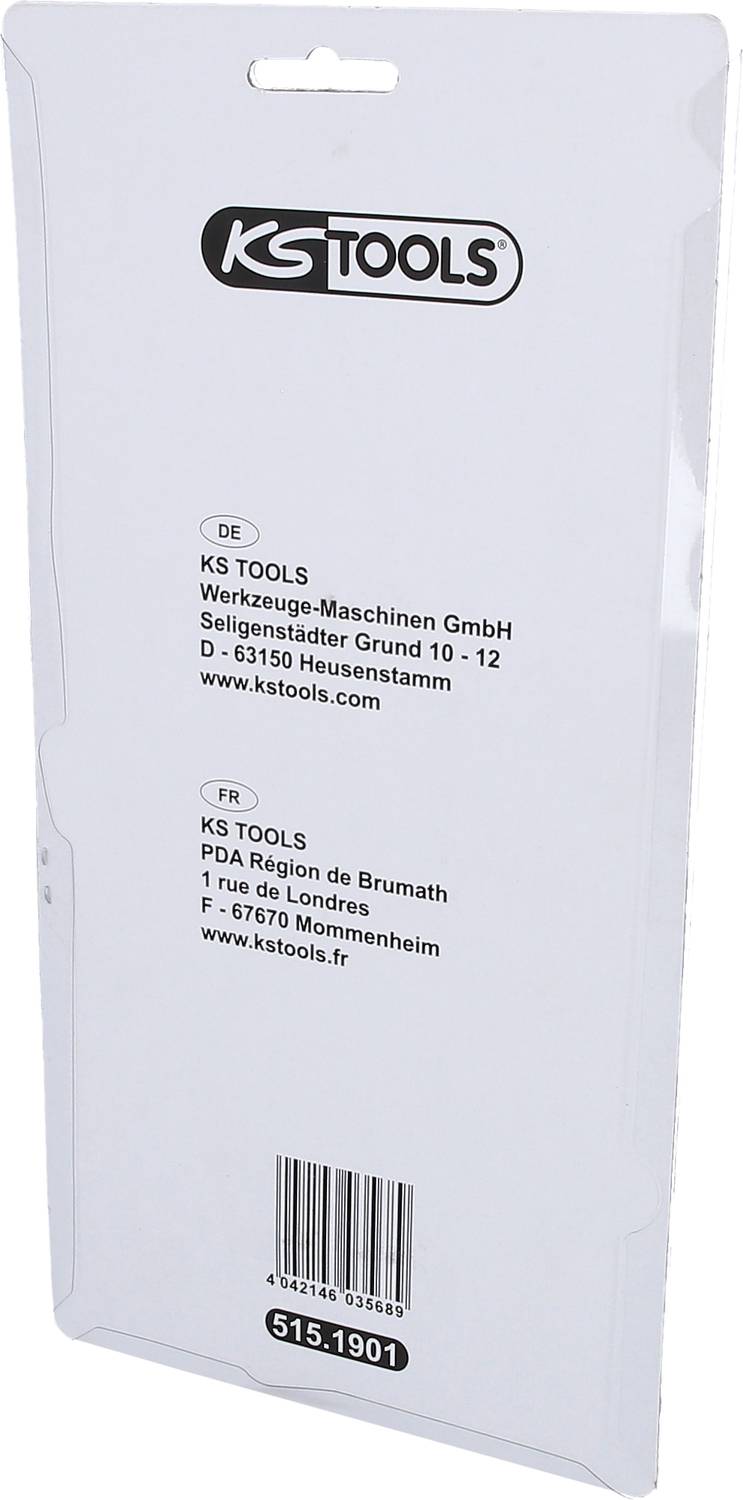 Verpackung eines Werkzeugs der Marke KS Tools mit Firmenadresse und Website-Informationen auf Deutsch und Französisch.