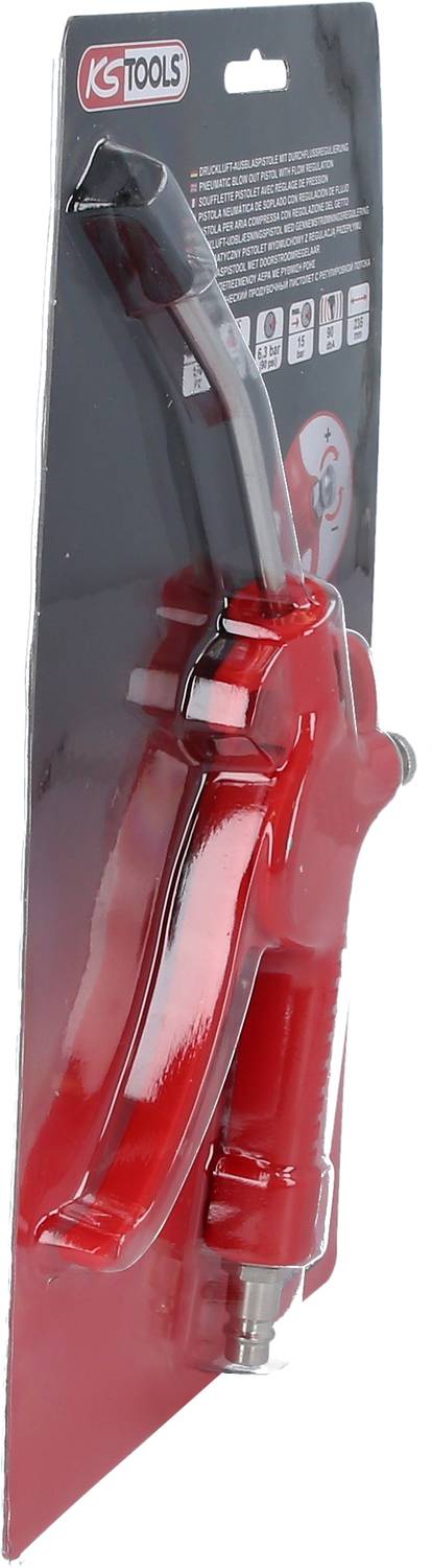 Eine rote Druckluftpistole von KS Tools in der Verpackung, seitlich abgebildet.