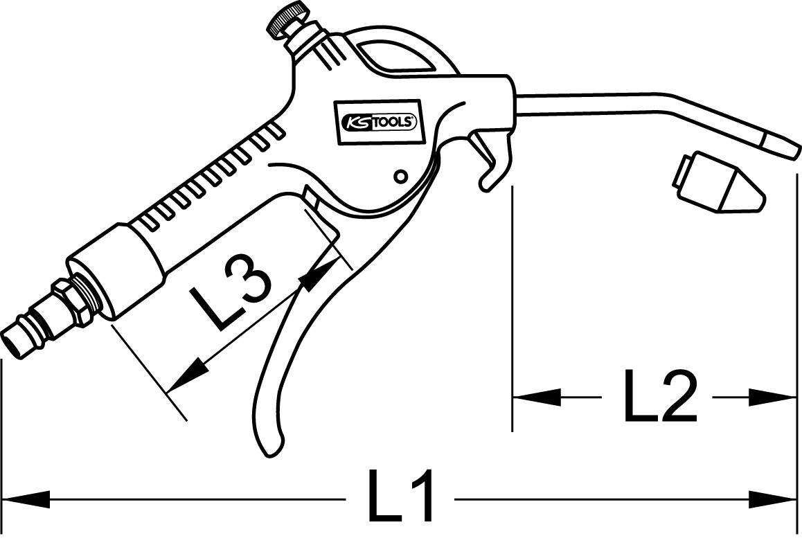 'Maßzeichnung einer Druckluftpistole.' Die Abbildung zeigt eine Druckluftpistole mit gekennzeichneten Längen L1, L2 und L3.