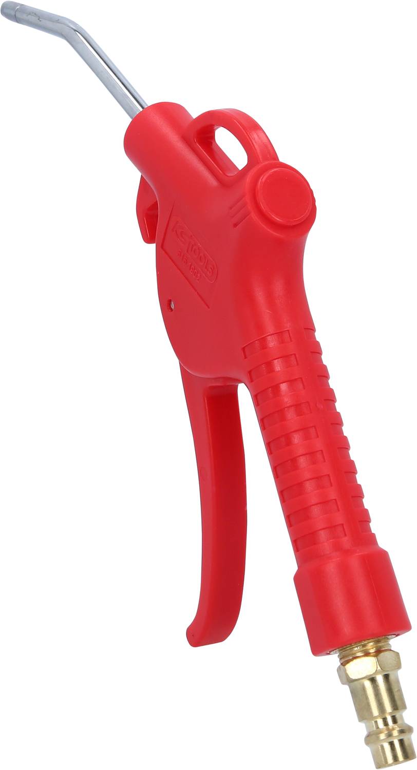 Rote Druckluftpistole mit langem, gebogenem Metallrohr und Kunststoffgriff. Flansch zum Anschluss an eine Druckluftquelle erkennbar.