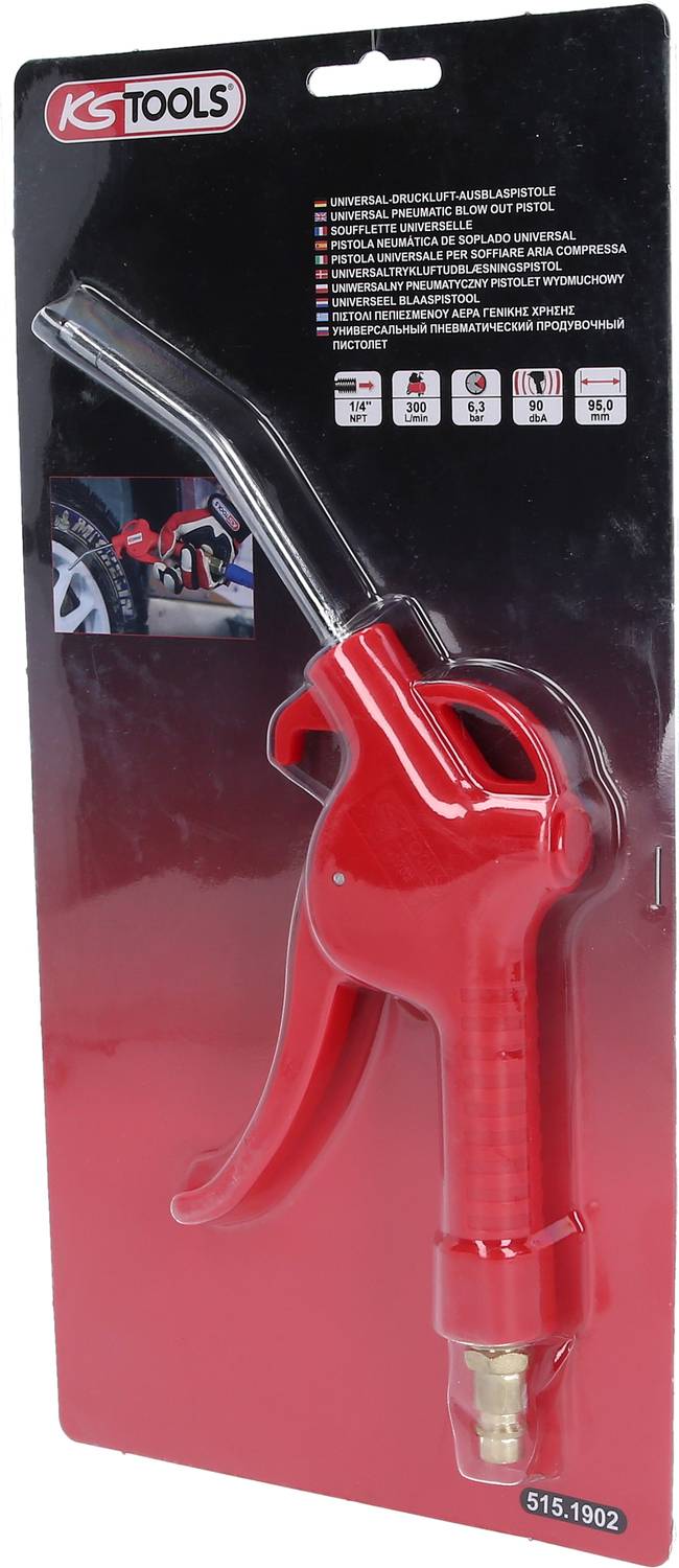 Rote Druckluftpistole von KS Tools in Kunststoffverpackung, geeignet für diverse Anwendungen, mit Bildbeispiel zeigt Reifenbefüllung.