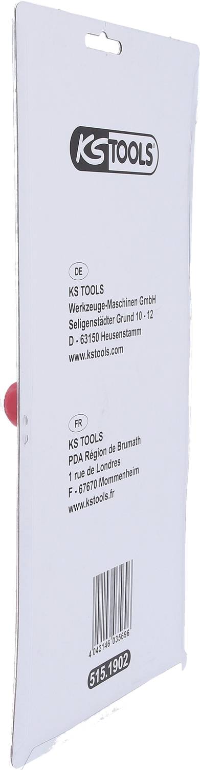 Rückseite einer Verpackung von KS Tools mit Firmenadresse und Kontaktdaten in Deutsch und Französisch.