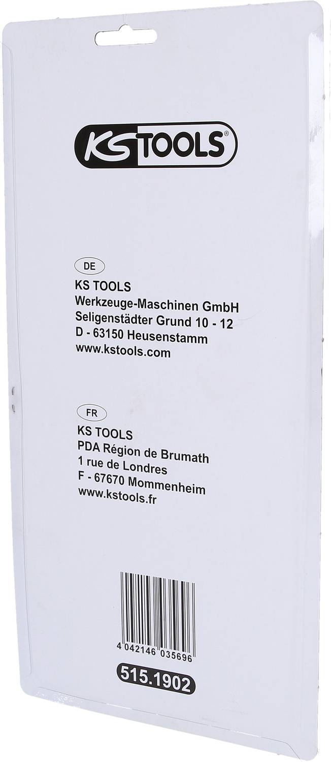 'KS TOOLS' Verpackung mit Firmenadresse und Webseite in Deutsch und Französisch.