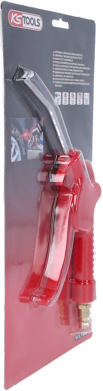 Verpackung eines roten Druckluft-Ausblaspistole-Sets. Set enthält eine Pistole und Zubehörteile. Verpackungsdesign zeigt Markenschild 'KS Tools'.