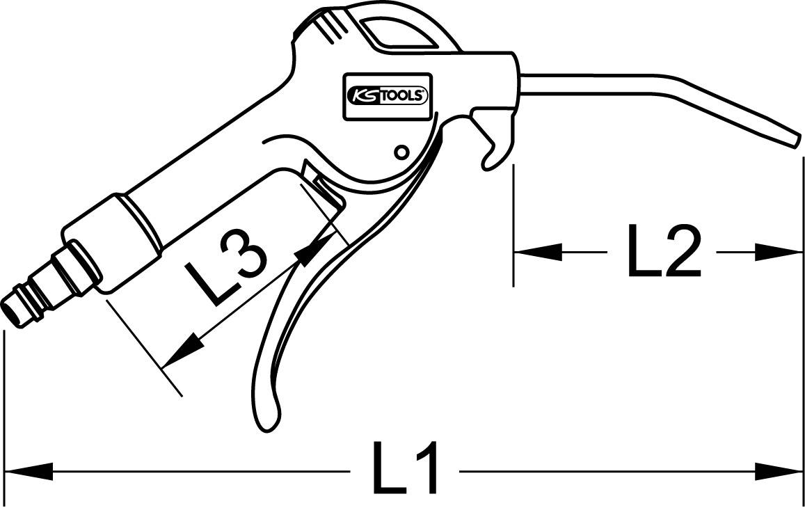 Abbildung zeigt eine technische Zeichnung einer Druckluftpistole mit den Bezeichnungen L1, L2 und L3 für die Länge verschiedener Teile.