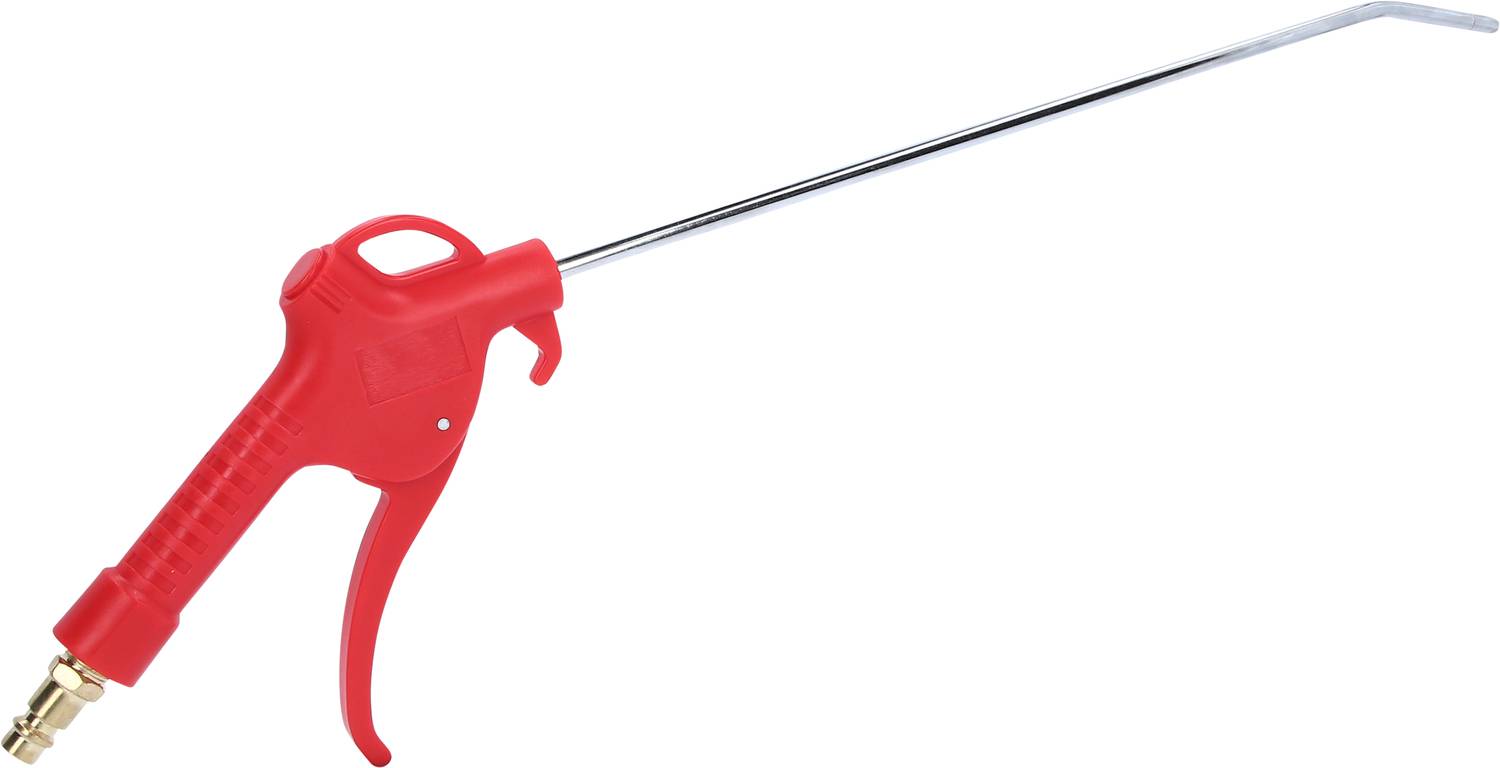 Rote Druckluftpistole mit langem, geradem Metallrohr und Messinganschluss, verwendet zum Reinigen schwer zugänglicher Stellen.