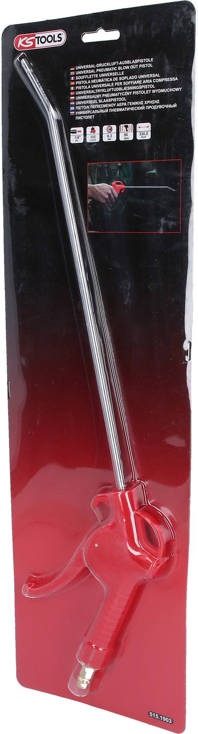 Verpackung eines Druckluftausblaspistolen-Sets von KS Tools, bestehend aus einer langen, gebogenen Düse und einem roten Griff.